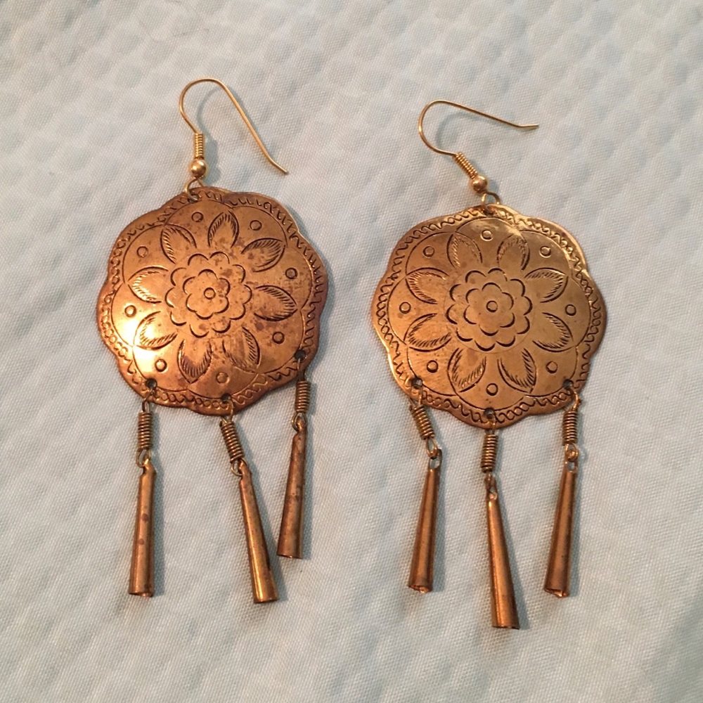 Vintage Boho Brass or Copper Flower Jingling Bells Etched Earrings